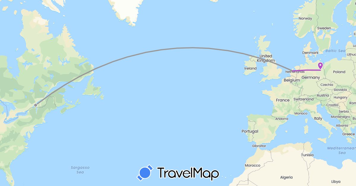 TravelMap itinerary: driving, plane, train in Canada, Germany, Netherlands (Europe, North America)
